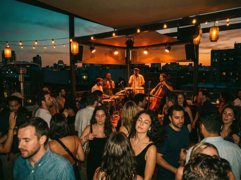 World groove genre art featuring diverse global musical instruments