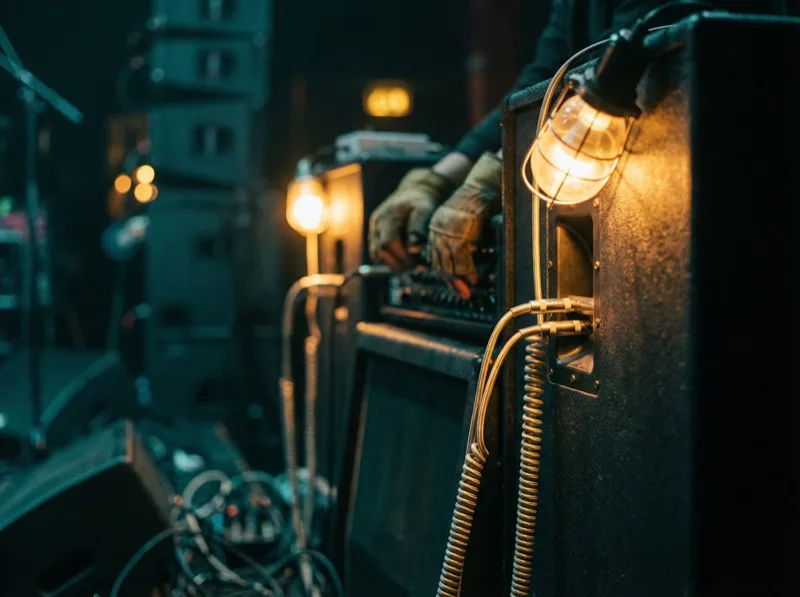 Professional audio equipment including PA speakers, turntables, and mixing consoles