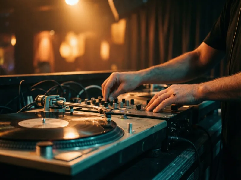 DJ turntable and mixer setup with vinyl records for a hybrid DJ performance