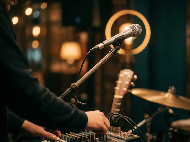 Live music performance at an event with stage lighting and audience